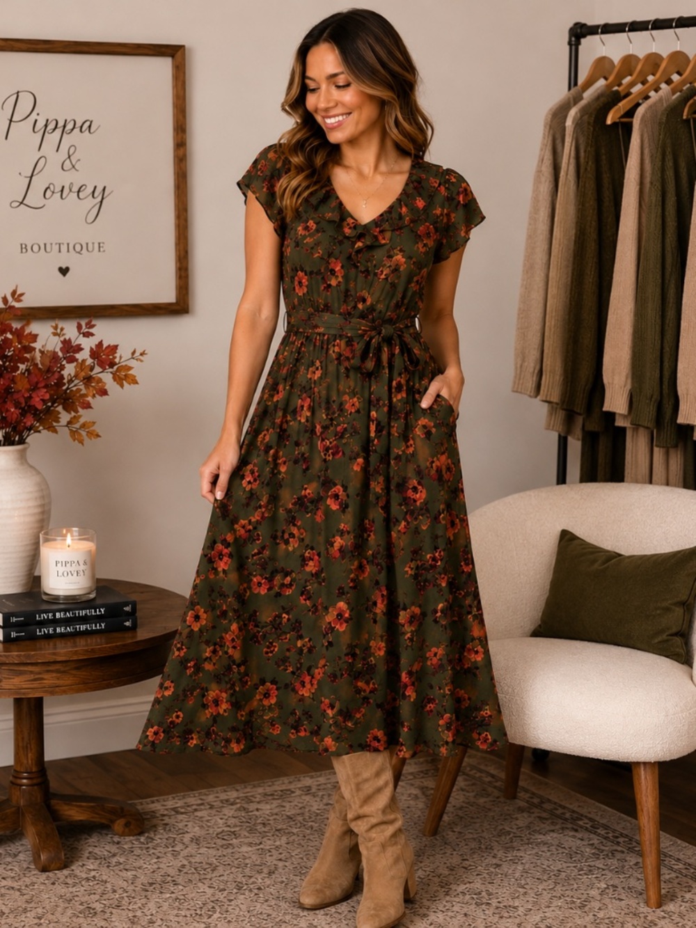🍂 Time & Tru Floral Midi Dress — Small (4–6)